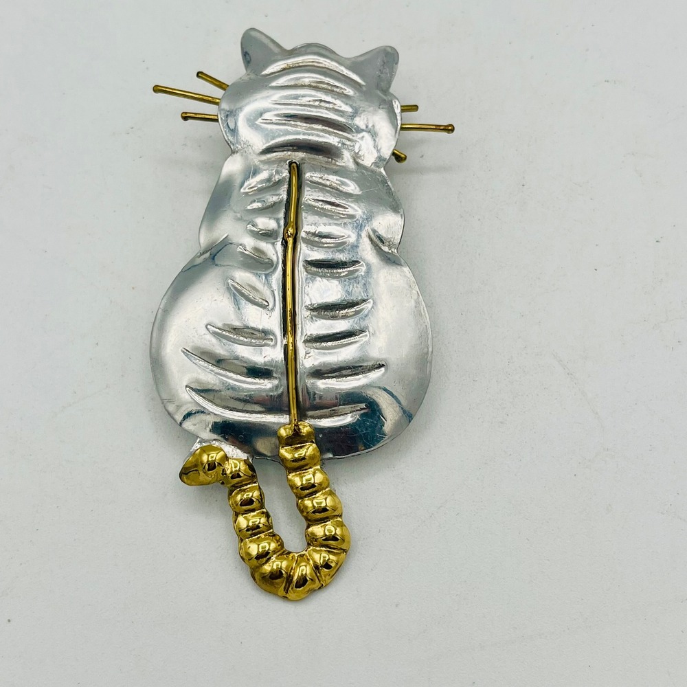 Vintage Mixed Metal Cat Brooch Silver Gold Tone Whimsical Feline Pin Whiskers
